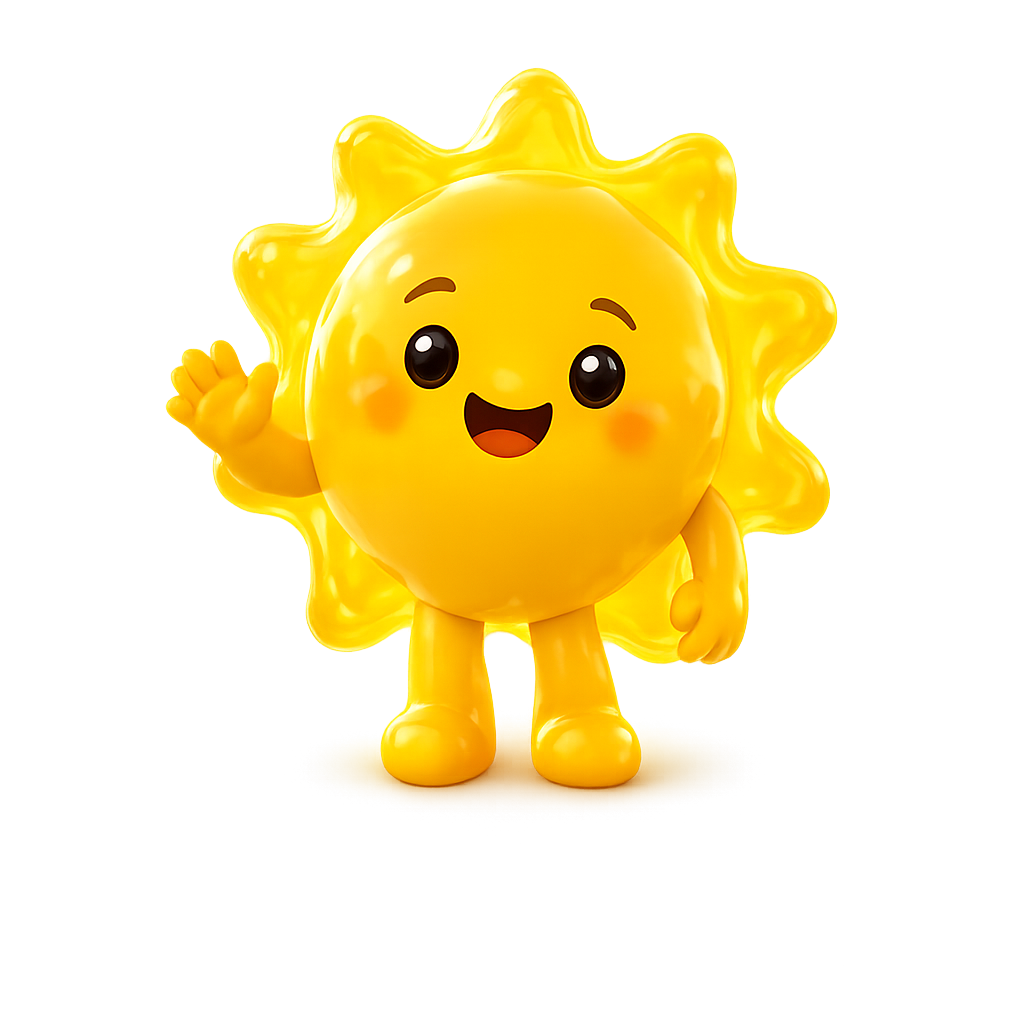 Sunny, the Sprigly mascot, a smiling sun waving hello