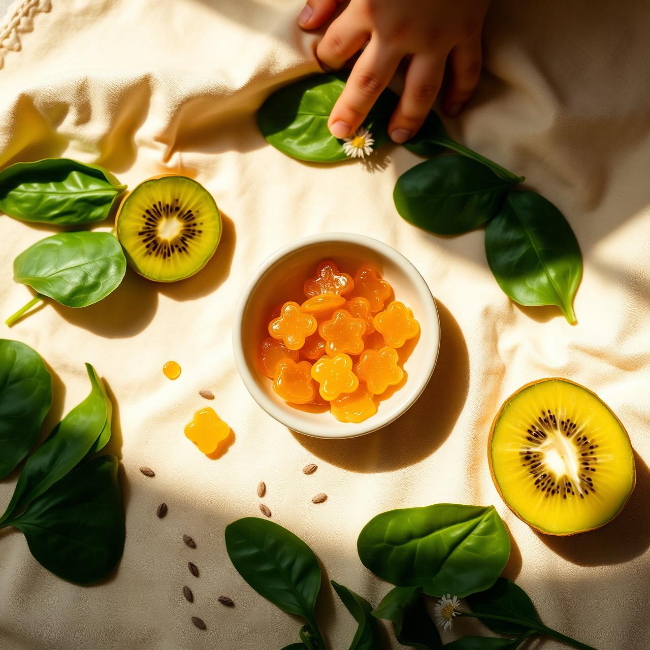 A small bowl of plant forward sun shaped gummies surrounded by kiwi and fresh fruit